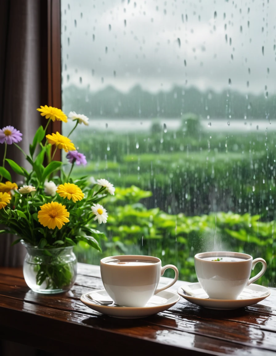 tea and coffee, rainy, background window with rainy cloud. flower on the table with breadth
