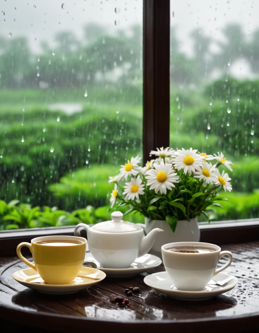 tea and coffee, rainy, background window with rainy cloud. flower on the table with breadth