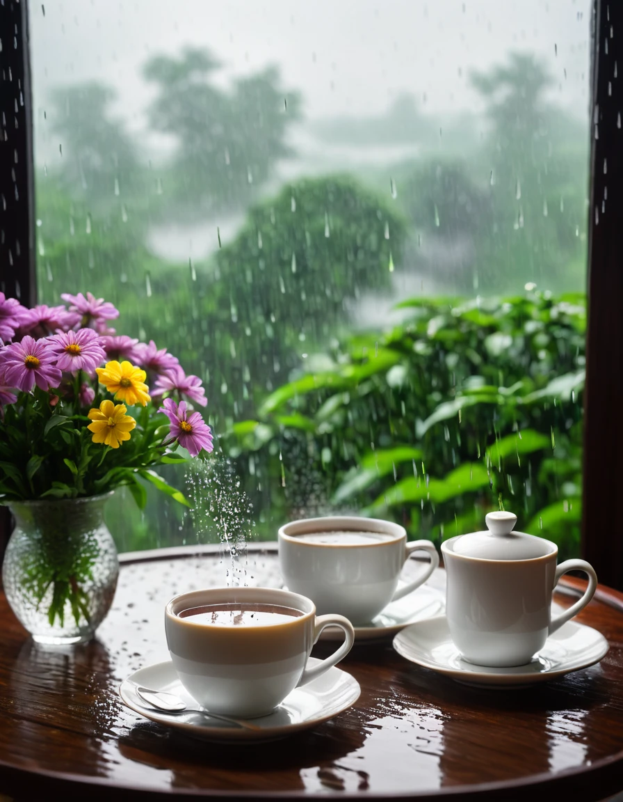 tea and coffee, rainy, background window with rainy cloud. flower on the table with breadth