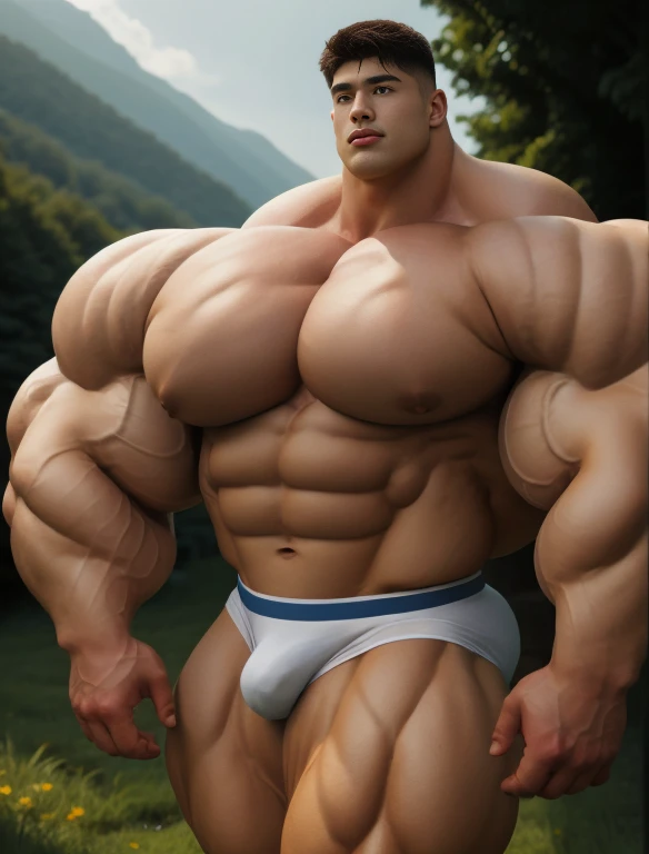 1boy, giant, bodybuilding pose, stand, illuminating light, strong body, bulk, large size, staring, fully-exposed, outdoor, at the countryside meadows, nude, white triangular underwear, prominent bulge, extraordinary big, brutalmass, giant, muscular body, bulk, buff, massive body, large meaty body size, extremely wide size