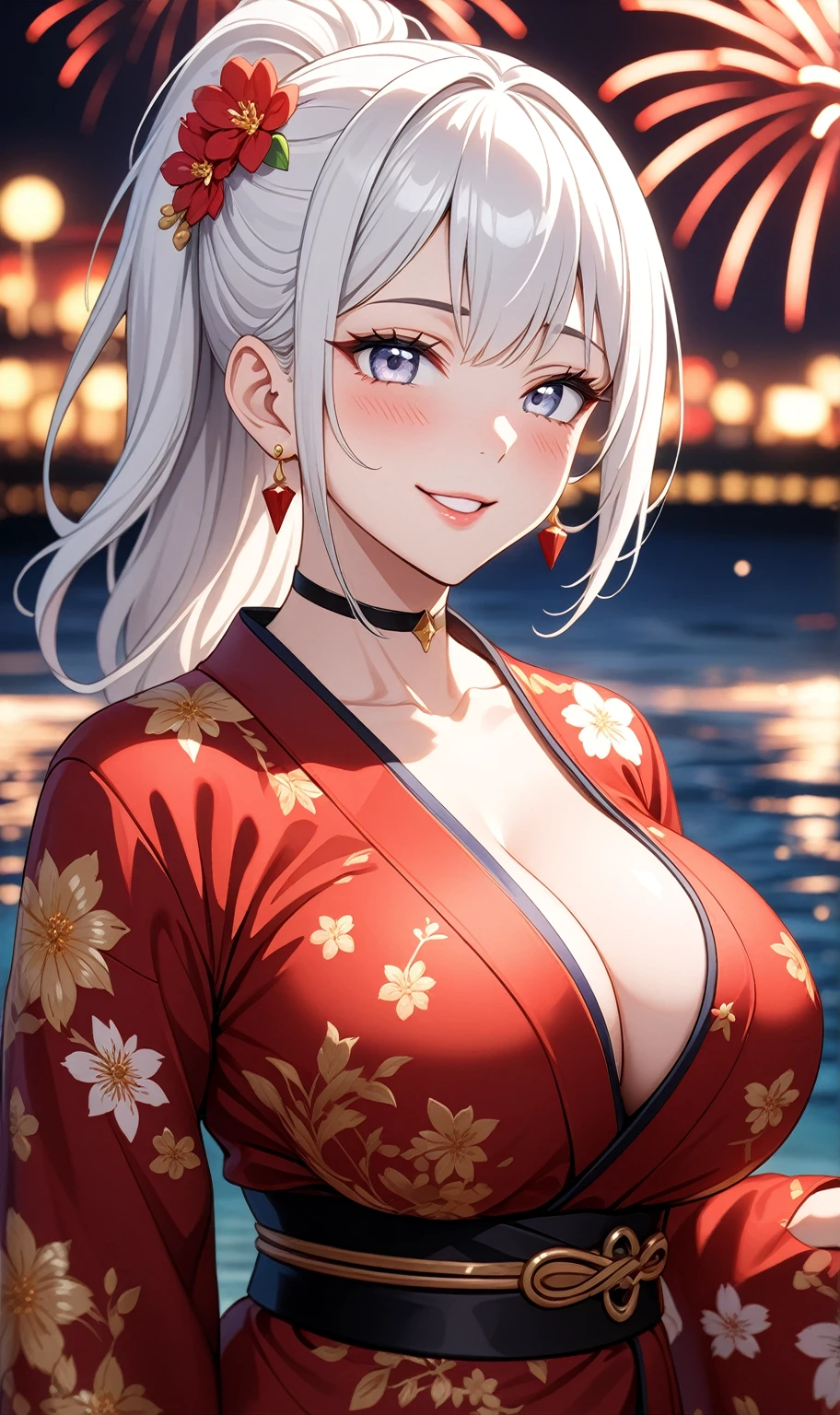 ((One personの女性)), Beautiful Face, embarrassed,  (looking through legs), ((Wink:1.8)), Laugh with your mouth wide open,((Bright red cheeks:1.4)),Shiny red lips,night,coastal,You can see the ocean, firework,Laughing with your mouth open,Glossy pink lips,Facial lighting,((Anime style background)),masterpiece, Highest quality, so beautiful,up to date, Complex details, (Pink long nails), (ring),(bracelet),(choker),AI-generated, Complex,High resolution, Highest quality, super high quality,3D Images、3D Images,One person,Long white hair,High Ponytail,(blue eyes),Anime woman posing for a photo, ((Fine grain、Silvery white colorful eyes、Shining Eyes:1.3)),(Squint your eyes:1.1),a hyperRealistic , hyperRealistic , Realistic,Anime woman with long white hair, Smooth anime CG art, A woman in a colorful kimono with gold embroidery, (Black long sleeve kimono),Red floral pattern,Long flower hair ornament,Earrings,Mature Body,(Big Breasts:1.1),Tall,Abdominal muscles,Narrow waist,(Zoom up to face:1.6),(front view),