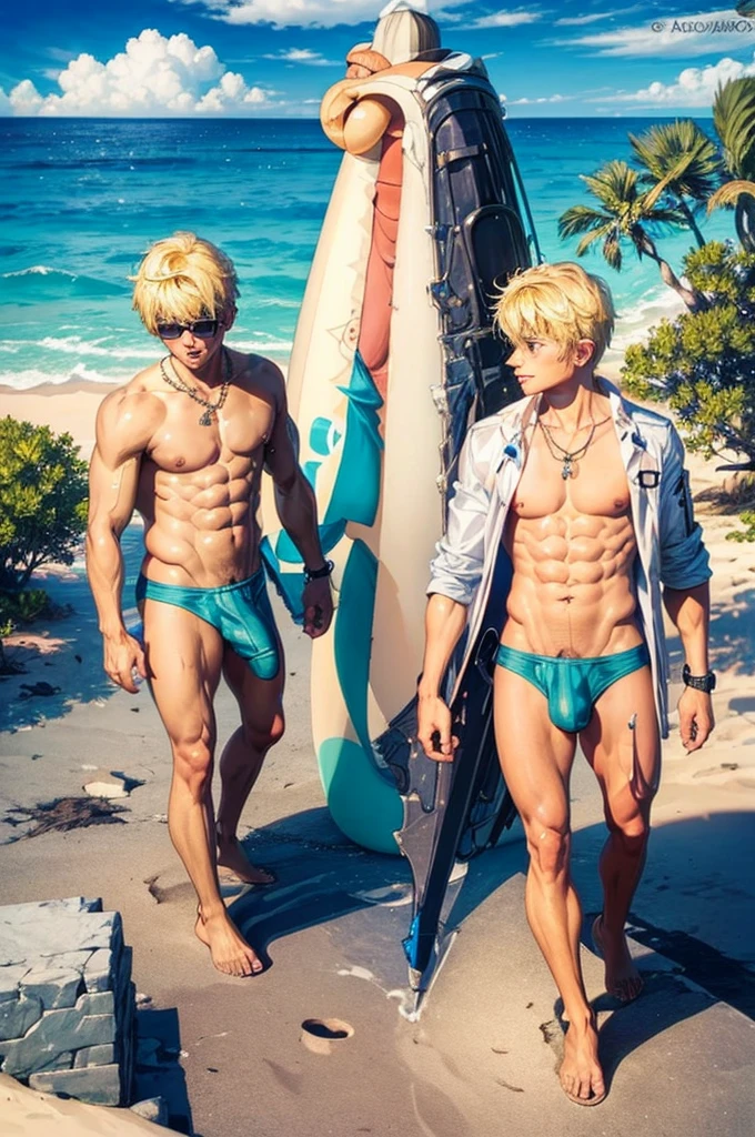age boys tanning, relaxed on beach,((big penis)), 12_inches_long_penis,large penis,big balls, boyish, cute, short, blonde hair, sun glow, back view, low angle