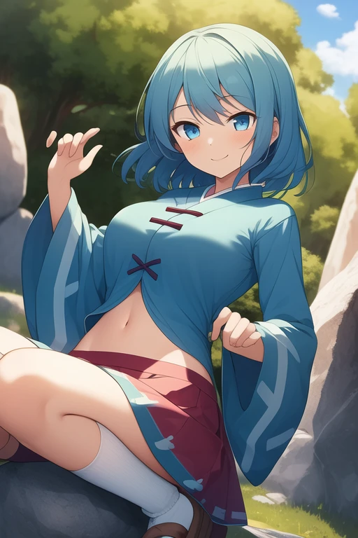 ((best quality)), ((masterpiece)), (detailed), 1girl, Touhou, Tatara Kogasa, medium sized breasts, smiling expression, blue hair, different colored eyes, red colored eye, blue colored eye, blue feminine blouse, long sleeves feminine blouse, light blue skirt, long socks, japanese sandals, girl on stone trail, village background, girl standing, full body, wide shot, opened blouse, stomach, navel