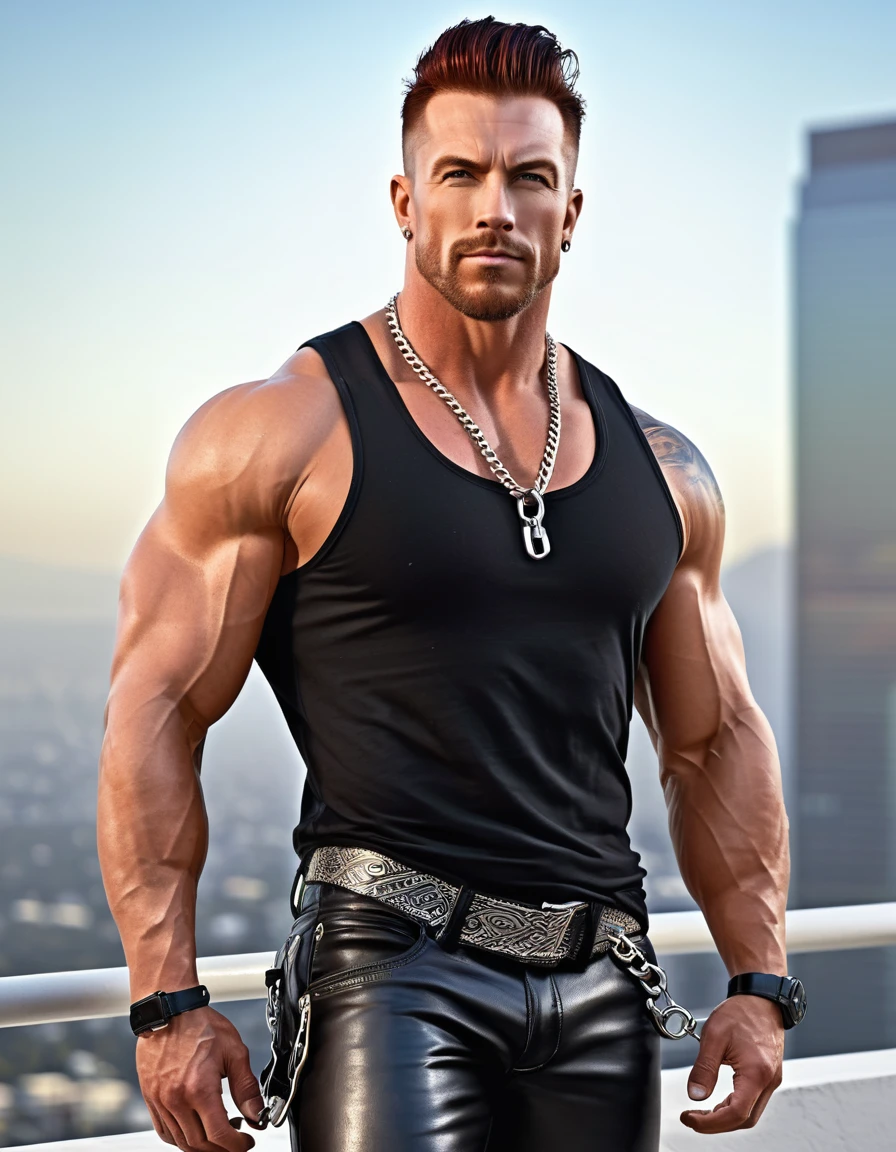 (high quality), (digital art), (realistic style), (los angeles background), (full body shot), (most muscular), (strongest bodybuilder), white male, age 30s, 2 meters tall, perfect muscular god body, thick medium red and black dyed hair, Modern Layered Surfer Cut hair style, brown eyes, and biggest muscles, biggest chest, biggest biceps, biggest thighs, biggest ass, and big bulge. wearing an silver chain carabiner necklace, white t-shirt, black leather jacket, black leather pants, black boots, and tattoos.