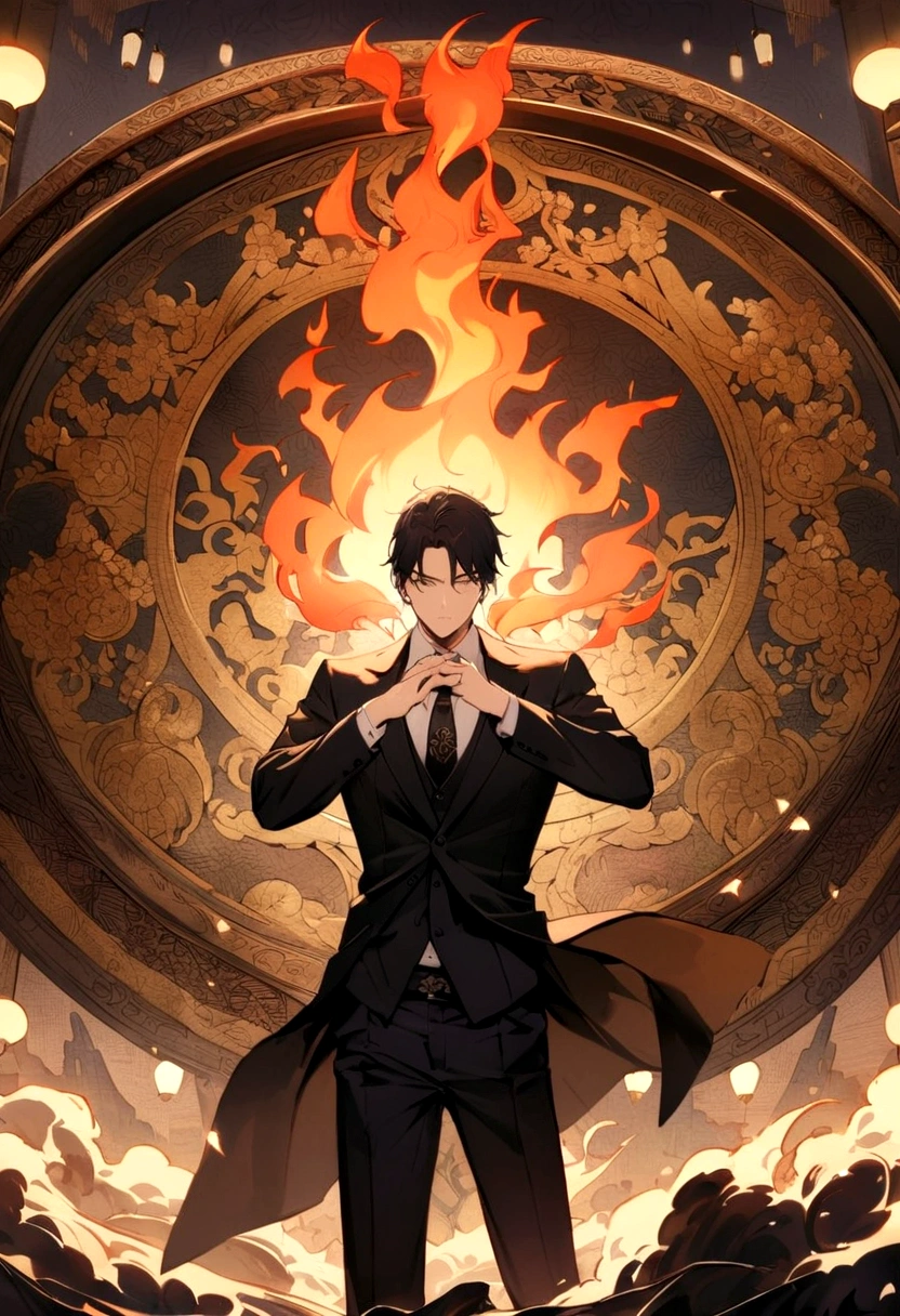 (best quality), oriental detailed background, one man wearing a black suit has flame power, print the word A on the black suit