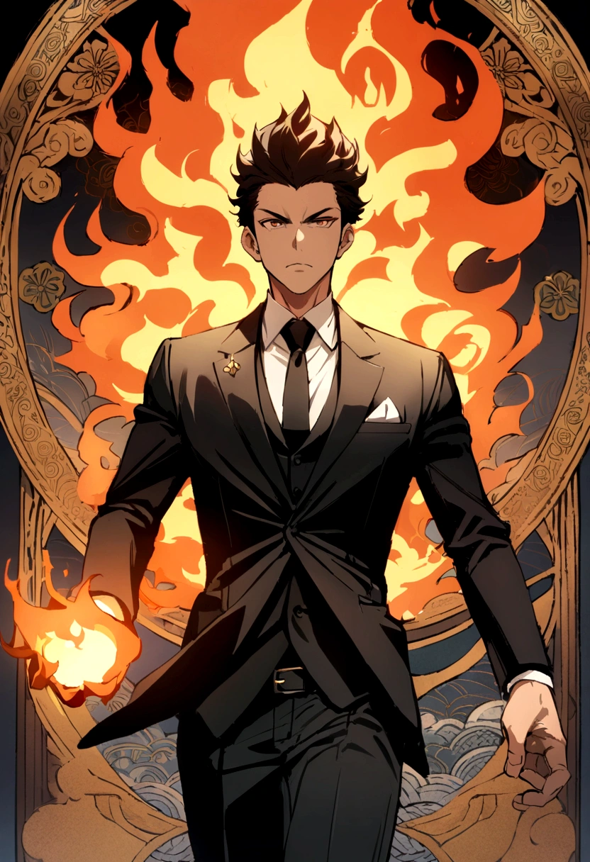 (best quality), oriental detailed background, one man wearing a black suit has flame power, print the word A on the black suit