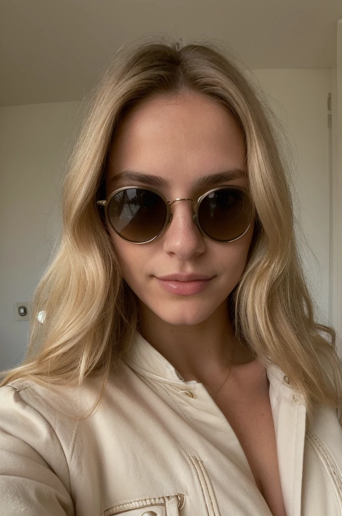Photo en mode selfie, beautiful blonde ,very detailed, 23 ans, portant des lunettes de soleil, portant un blouson en cuir, natural beauty, visage innocent, Longhaire, high resolution, head of'artwork, best quality, intricate details, very detailed, sharpness, detailed skin, texture de peau realistic, texture, detailed eyes, Professionnel, 4K, charming smile, shot with Canon, 85mm, shallow depth of field, Kodak Vision Color, corps parfaitement ajusté , extremely detailed, la photographie_(ultra), photorealistic, realistic, Post-traitement, Maximum details, roughness, real life, ultra realistic, photorealism, la photographie, 8K UHD, la photographie, tetas grandes
