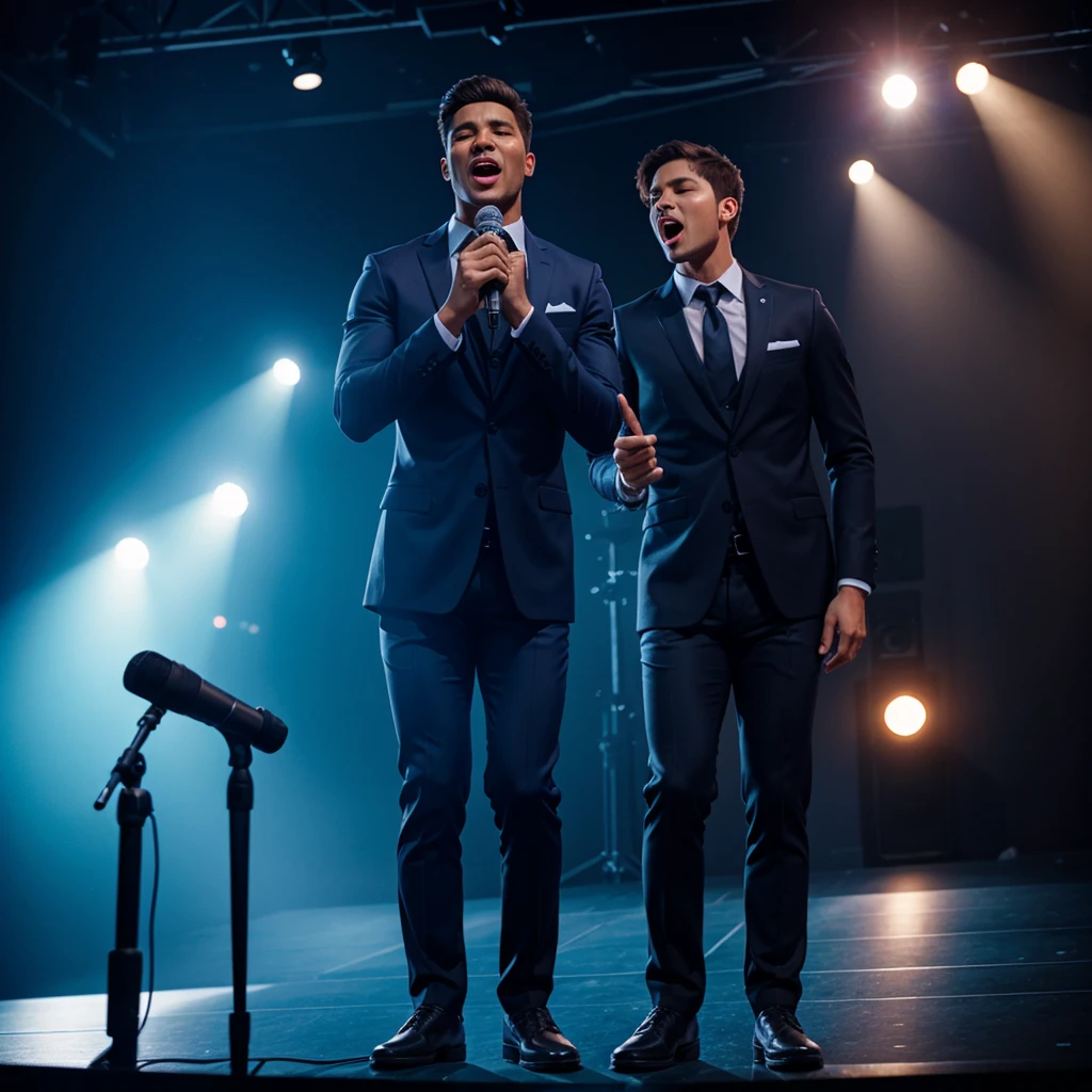 a full body man singing into the microphone