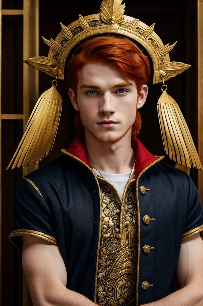 Young man with white skin and red hair, Navy blue gambeson with golden headdresses and honey-colored eyes