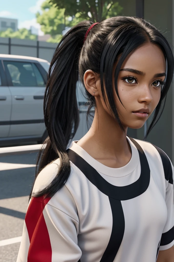 Screenshot of my hero academia.
Medium brown skin girl.
She has medium-long black hair tied in a messy ponytail..
Your eyes are black.
He has a mole near his right eye.