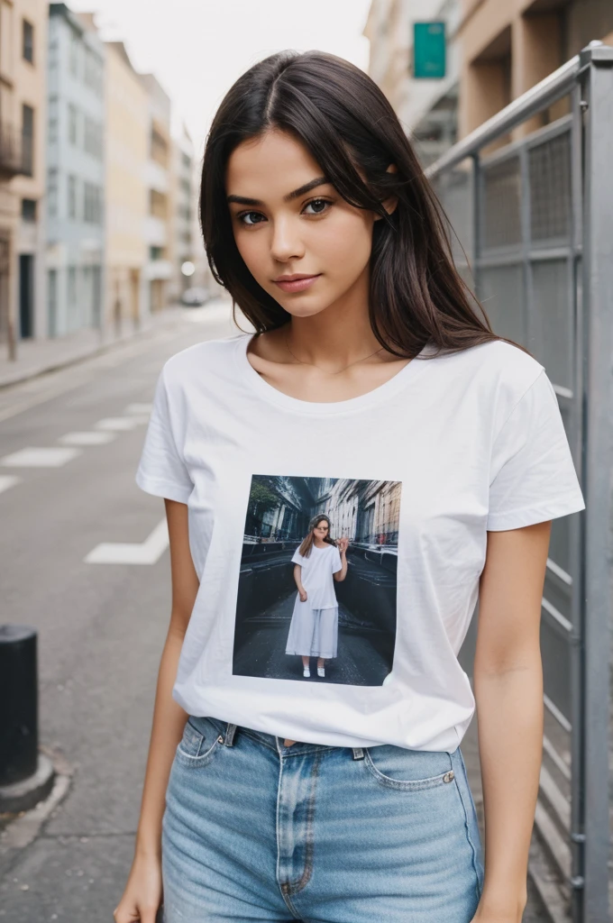 I want a photo in which a person is standing wearing a white T-shirt and his photo is printed on that T-shirt