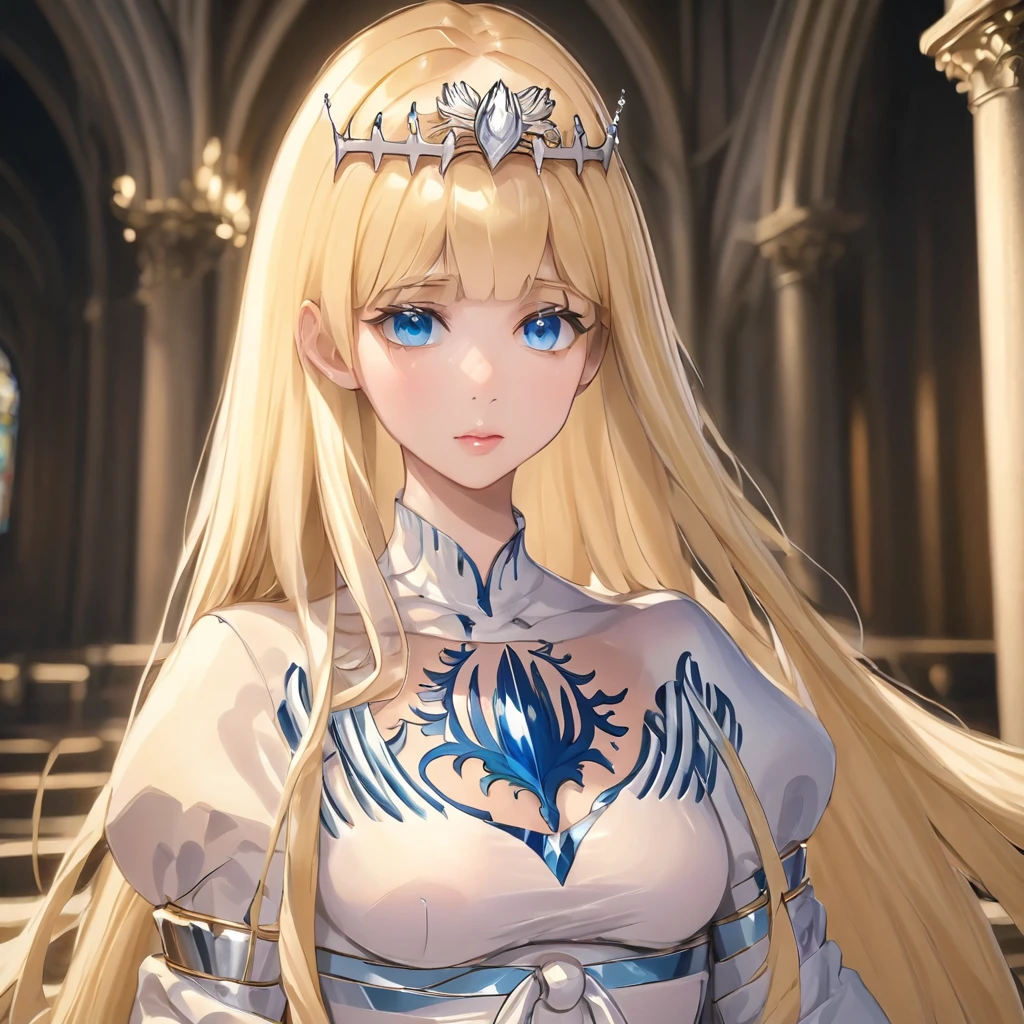ultra-detailed,(best quality),((masterpiece)),(highres), original,,, zoom layer, looking at the viewer, hand behind her back, upper body, ,1girl, solo, Calca, Calca Bessarez, blonde hair, (extremely long hair:1.3), very long hair, white tiara, white dress, blue eyes, medium chest, extremely long hair, medium breast, indoor, stained glass, in the cathedral, perfect light