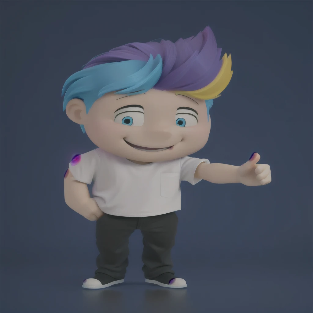 good-great,3d, bright coloured, high qualiy, 1, young man smiling, Big eyes, colored hair, 4 cores CMYK, hair blue, Pink, yellow and black, white shirt, fully body, positive sign, hand in pocket disney pixar style,