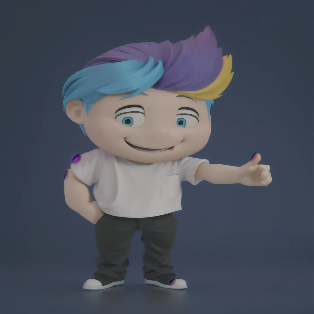 good-great,3d, bright coloured, high qualiy, 1, young man smiling, Big eyes, colored hair, 4 cores CMYK, hair blue, Pink, yellow and black, white shirt, fully body, positive sign, hand in pocket disney pixar style,