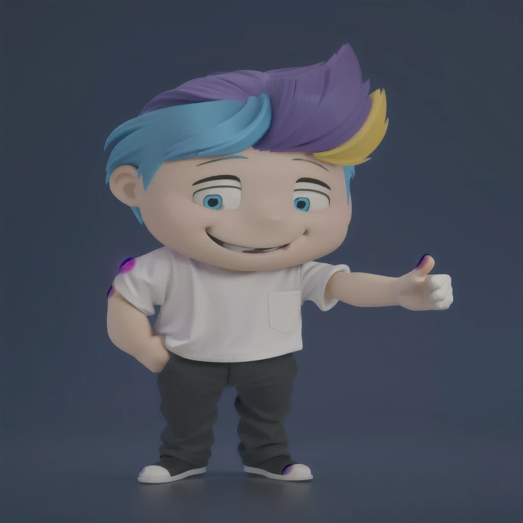 good-great,3d,  bright coloured, high qualiy, 1, young man smiling, Big eyes, colored hair, 4 cores CMYK, hair blue, Pink, yellow and black, white  shirt, fully body, positive sign, hand in pocket disney pixar style,