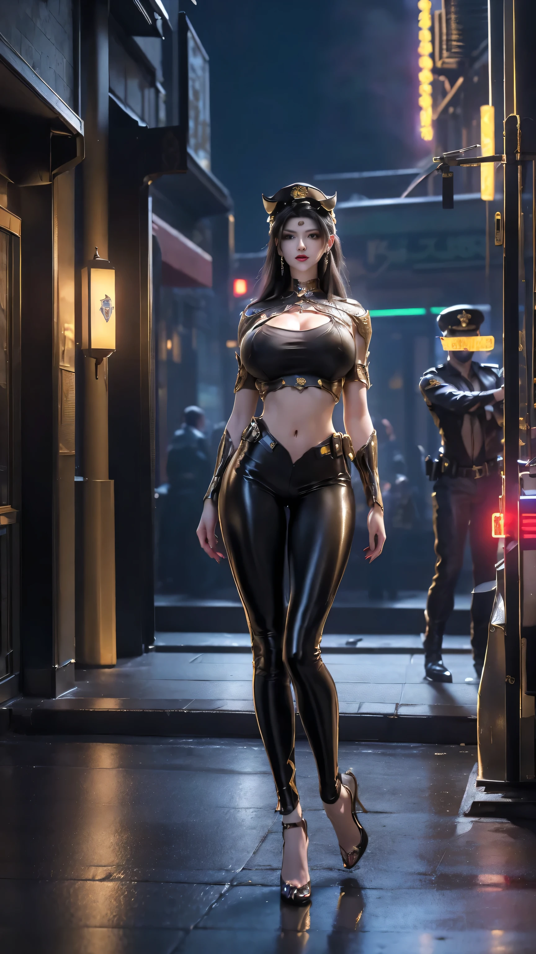 physically-based rendering, (1girl:1), wear sexy crop top, (slim body,huge fake breasts:1.2), street city (night scene1:2), slim waist, big buttocks, (Full body:1.3), standing, skintight black pants, (wearing police uniform:1.5).