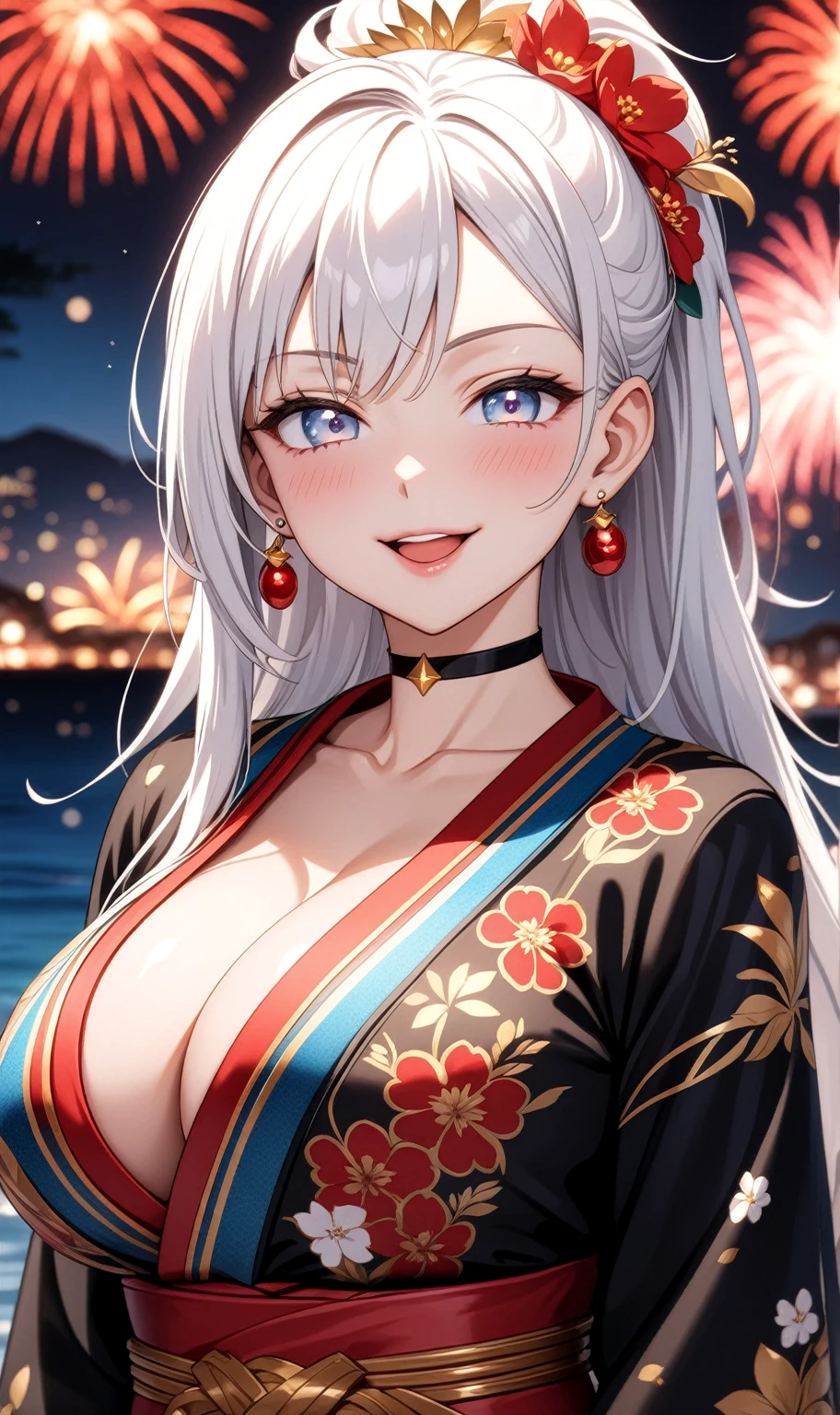 ((One personの女性)), Beautiful Face, embarrassed,  (looking through legs), ((Wink:1.8)), Laugh with your mouth wide open,((Bright red cheeks:1.4)),Shiny red lips,night,coastal,You can see the ocean, firework,Laughing with your mouth open,Glossy pink lips,Facial lighting,((Anime style background)),masterpiece, Highest quality, so beautiful,up to date, Complex details, (Pink long nails), (ring),(bracelet),(choker),AI-generated, Complex,High resolution, Highest quality, super high quality,3D Images、3D Images,One person,Long white hair,High Ponytail,(blue eyes),Anime woman posing for a photo, ((Fine grain、Silvery white colorful eyes、Shining Eyes:1.3)),(Squint your eyes:1.1),a hyperRealistic , hyperRealistic , Realistic,Anime woman with long white hair, Smooth anime CG art, A woman in a colorful kimono with gold embroidery, (Black long sleeve kimono),Red floral pattern,Long flower hair ornament,Earrings,Mature Body,(Big Breasts:1.1),Tall,Abdominal muscles,Narrow waist,(Zoom up to face:1.6),(front view),