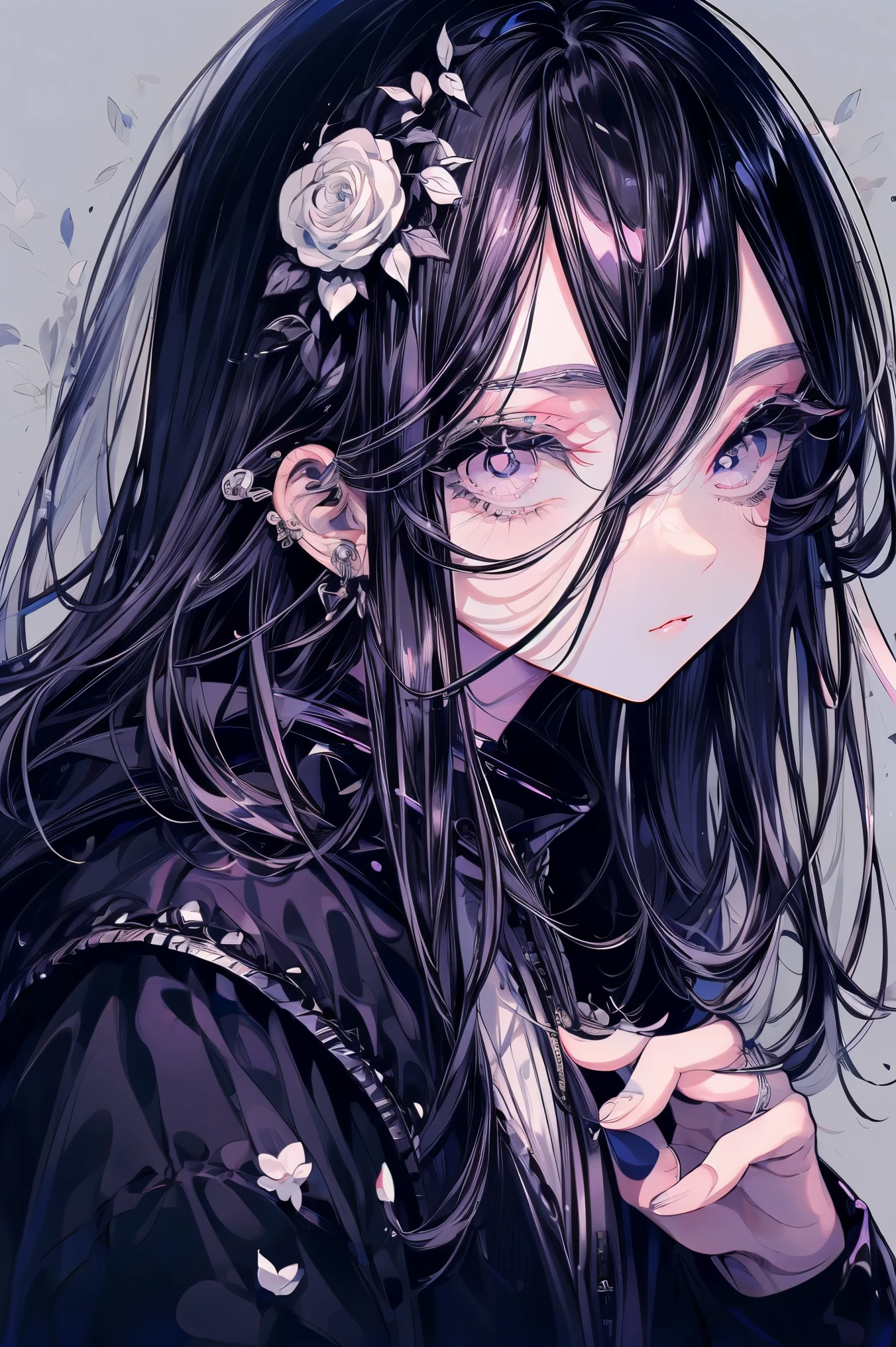 (Mastepiece), (Best Quality), Very detailed, 1 boy, Solo Shooting, Perfect Face, Beautiful Face, Very detailed顔,(Black and white hair:1.3),(Big eyes:1.4),(Long eyelashes:1.4)、(Black eyes:1.3)、Lots of flowers