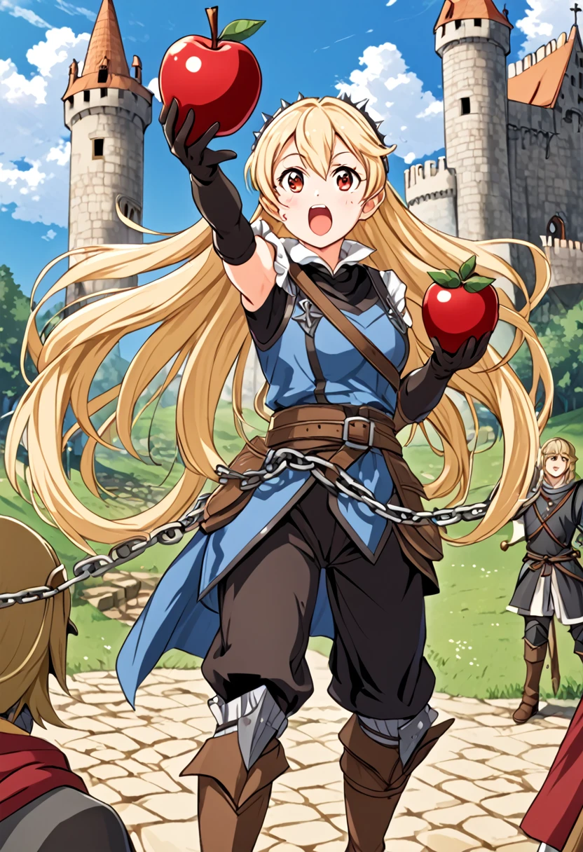 artwork, best qualityer, 2d anime style, White girl, Twin Tails Hair, long hair, blonde, blush cheeks, blue colored eyes, Black short jumpsuit, brown details, sleeveless, elbow gloves, waist belt, excited expression, medieval theme, RPG, fundo do castelo, holding a spiked apple attached to a moving chain. fully body, conceptual artwork, big brown boots
