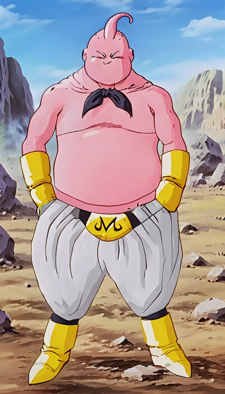 solo, majin buu, (musclar:1.5),(angry:2),fighting,in wasteland,destroyed rock,(soft shading), 4k, hi res, ((detailed face, (detailed eyes:1.0), detailed)), (full body), looking at viewer, 1boy, upper body, male focus,white_pants,(topless:1.5),( shirtless:2),torn clothes,bare pectorals, fighting stance,
