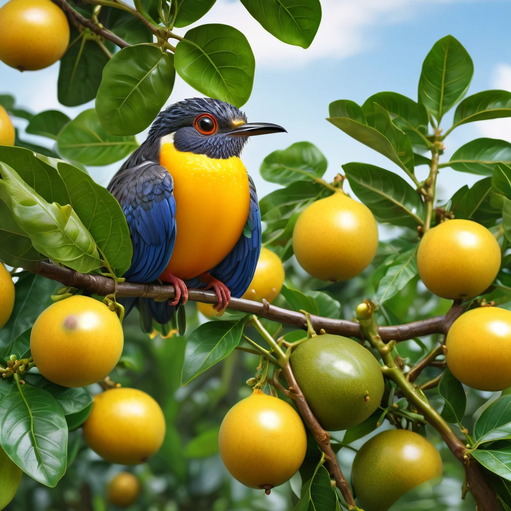 8k HDR High resolution Best quality Photorealistic Beautiful depiction Fresh Realistic and beautiful bird flapping Passion fruit tree Very detailed