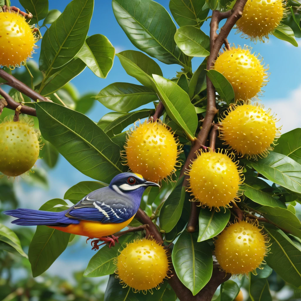 8k HDR High resolution Best quality Photorealistic Beautiful depiction Fresh Realistic and beautiful bird flapping Passion fruit tree Very detailed