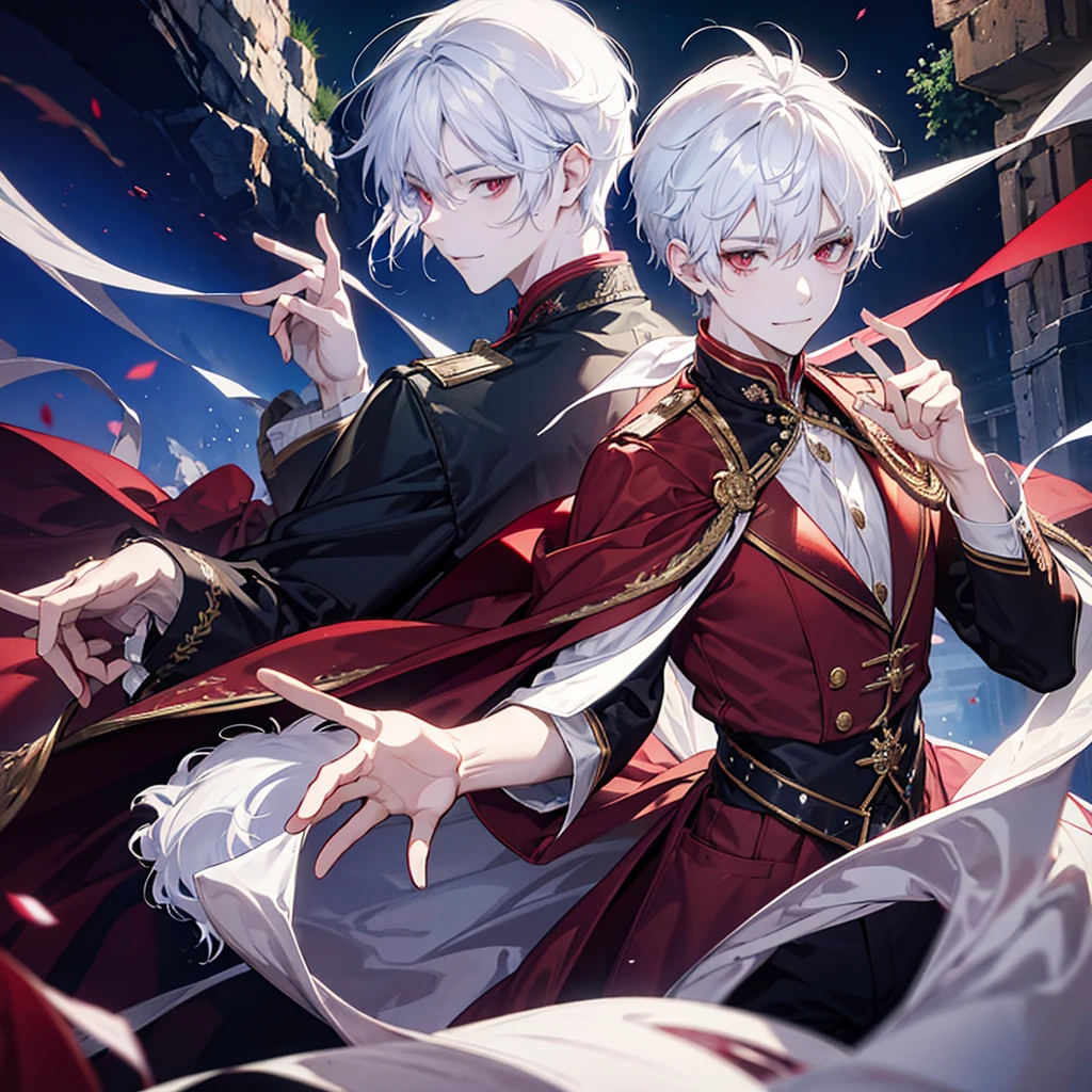 Acat boy, with white hair, red eyes, smile, photo pose