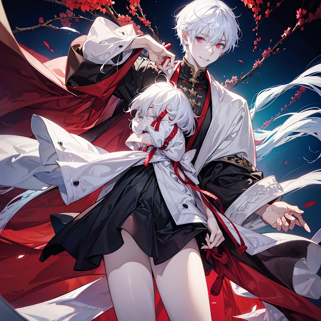 Acat boy, with white hair, red eyes, smile, photo pose