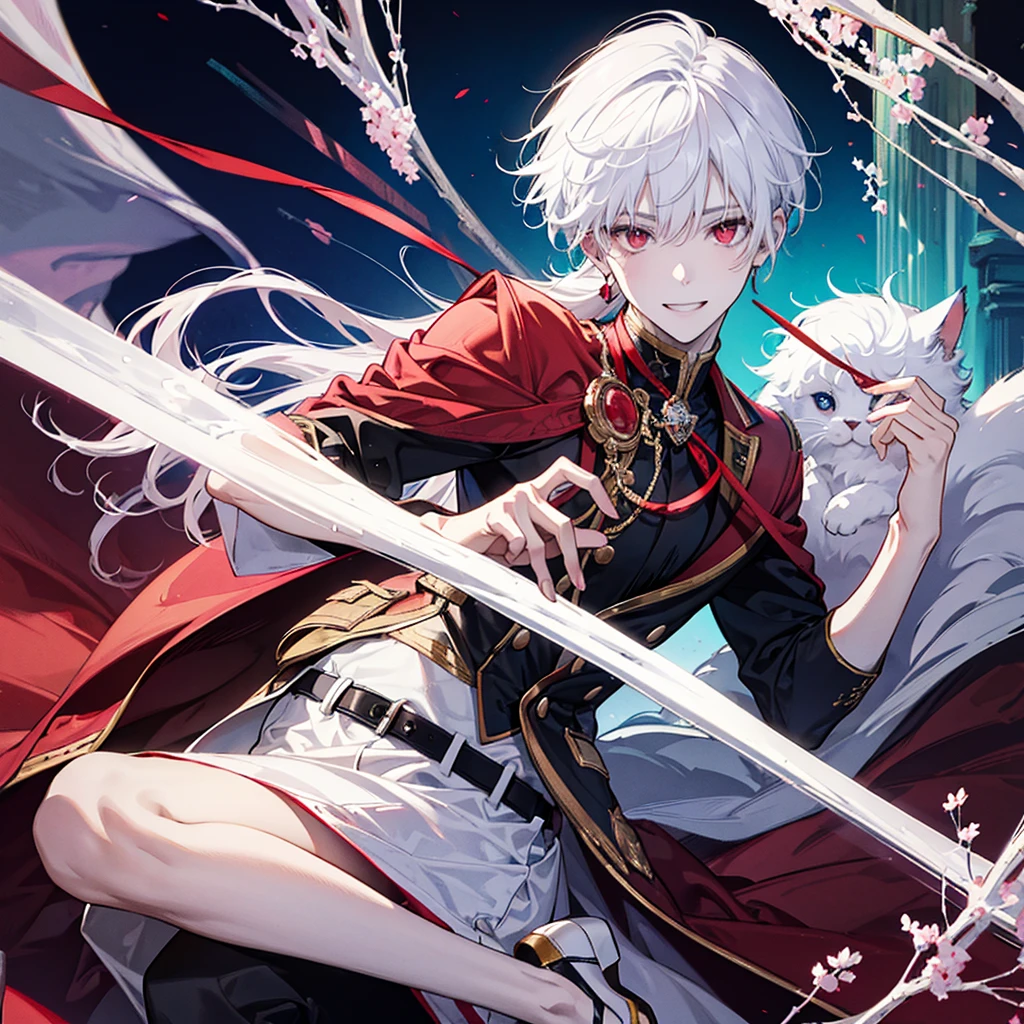 Acat boy, with white hair, red eyes, smile, photo pose 