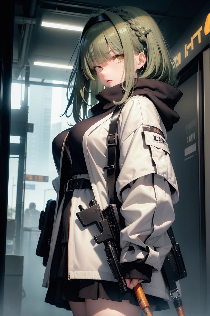 Dark green hair, ((Amber eyes:1.2)), Jitome, deadpan, scowl, sulking, Blunt bangs, Bangs, Side braid、Stop bangs with a headband、Hanging、wearing oversized_Jacket、((White jacket))、wearing sweater、a short skirt、Colossal tits、Cyberpunk Girl、Young features、submachine gun、おっぱい