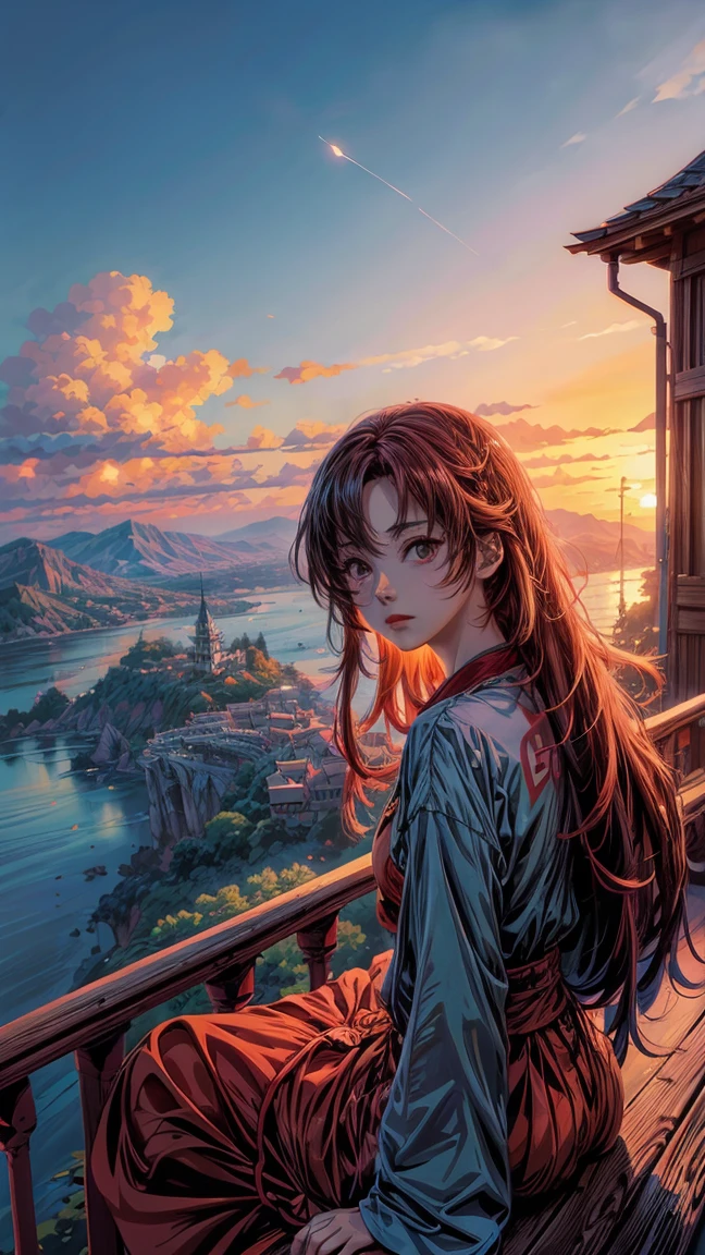 Wide view, Far view, masterpiece, anime scenery of a woman sitting on a balcony overlooking a lake, beautiful girl, long hair, red hair, red lip, sparking eyes, by Miyazaki, makoto shinkai cyril rolando, incredible miyazaki, miyazaki's animated film, studio ghibli artstyle, beautiful anime scene, miyazaki film, style of hayao miyazaki, inspired by Miyazaki, miyazaki movie, ghibli artstyle, 8k, vibrant ccolors, sunset, red-blue sky, many cloud,