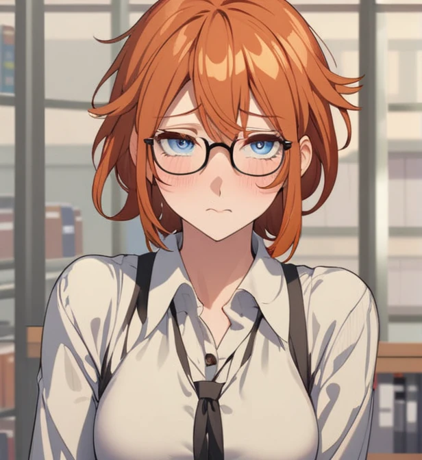 Adult female, short ginger hair, glasses, shy, embarrassed, library, highly detailed, perfect eyes, highly detailed body, perfect clothing