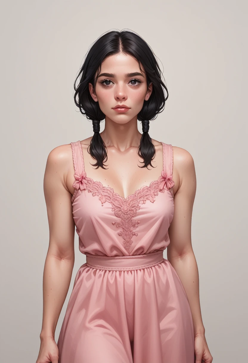 Jewish woman, black hair, black eyes, completely unkempt hairy body, wears a pink low-cut dress