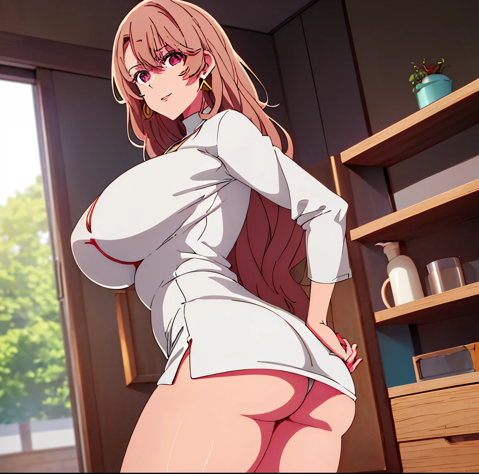 simple white background, (white_jacket),(red_dress),(deep_neckline), long_sleeves,jewelry,clavicle, earrings,open_clothing,(bare_legs), pink eyes, light brown hair, eyebrows_visible_through_hair, bangs, 1 girl, 20 years old, mature woman, beautiful finger, beautiful long legs, beautiful body, beautiful nose, beautiful character design, perfect eyes, perfect face, expressive eyes, perfect balance, looking at viewer, mouth closed, (innocente_grande_eyes:1.0), light_smile, Official art, extremely detailed CG unity 8k wallpaper, perfect lighting, colorful, Glowing_forehead_face_luzing, glowing skin, (masterpiece: 1.0), (best_quality: 1.0), ultra high resolution, 4k, ultra detailed, photography, 8k, HDR, standing ,indoor, office, desk, shelves, window, sunset, film grain, sharp background, bokeh:1.2, lens flare, (vibrant_color:1.2), professional photography, (beautiful, big_breasts: 1.4), (beautiful_face: 1.5), (narrow_waist), (wide_hips), (wide_thighs), (round_butts), looking back, from behind, ((focus on ass)), point of view ( from below), perfect anatomy, perfect hands