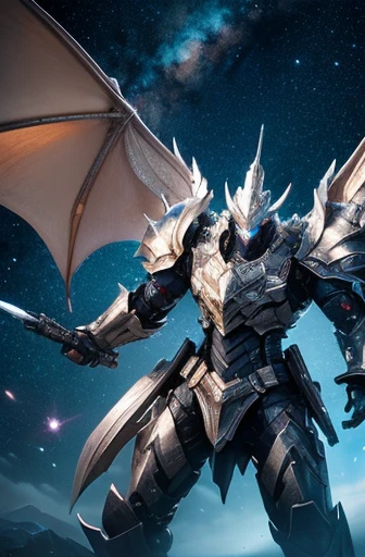 Highest quality、photograph、8K、Fantasy、detailed、Giant dragon-like robot、Covered in dragon-like scales、(Diffuse reflection of sunlight、Silver-white body that shines like a diamond)、Complex Texture、Solidly constructed and textured body、(Large hand-held weapons、Large Rifle、Big sword)、Dragon-like head、The face is accurately drawn、Flying in Space、Space War、milky way、masterpiece