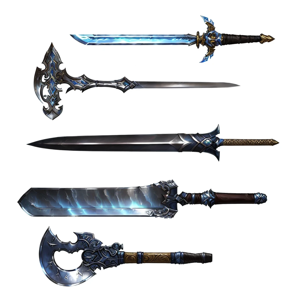 arafed image of a set of four different types of sword, Fantasy RPG Weapon Art, weapons concept art, weaponsコンセプトデザイン, Weapon concept art, Weapon Design, weapons, Lots of weapons, Epic fantasy weapon art, RPG Game Items, multiple floating sword, Hearthstone weapon art, many sword, War blade weapon, makeshift weapons, weapons and armors, sword