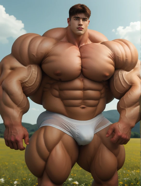 1boy, giant, bodybuilding pose, stand, illuminating light, strong body, bulk, large size, staring, armpit, musk & sweaty, fully-exposed, outdoor, at the countryside meadows, nude, white triangular underwear, prominent bulge, extraordinary big, brutalmass, giant, muscular body, bulk, buff, massive body, large meaty body size, extremely wide body