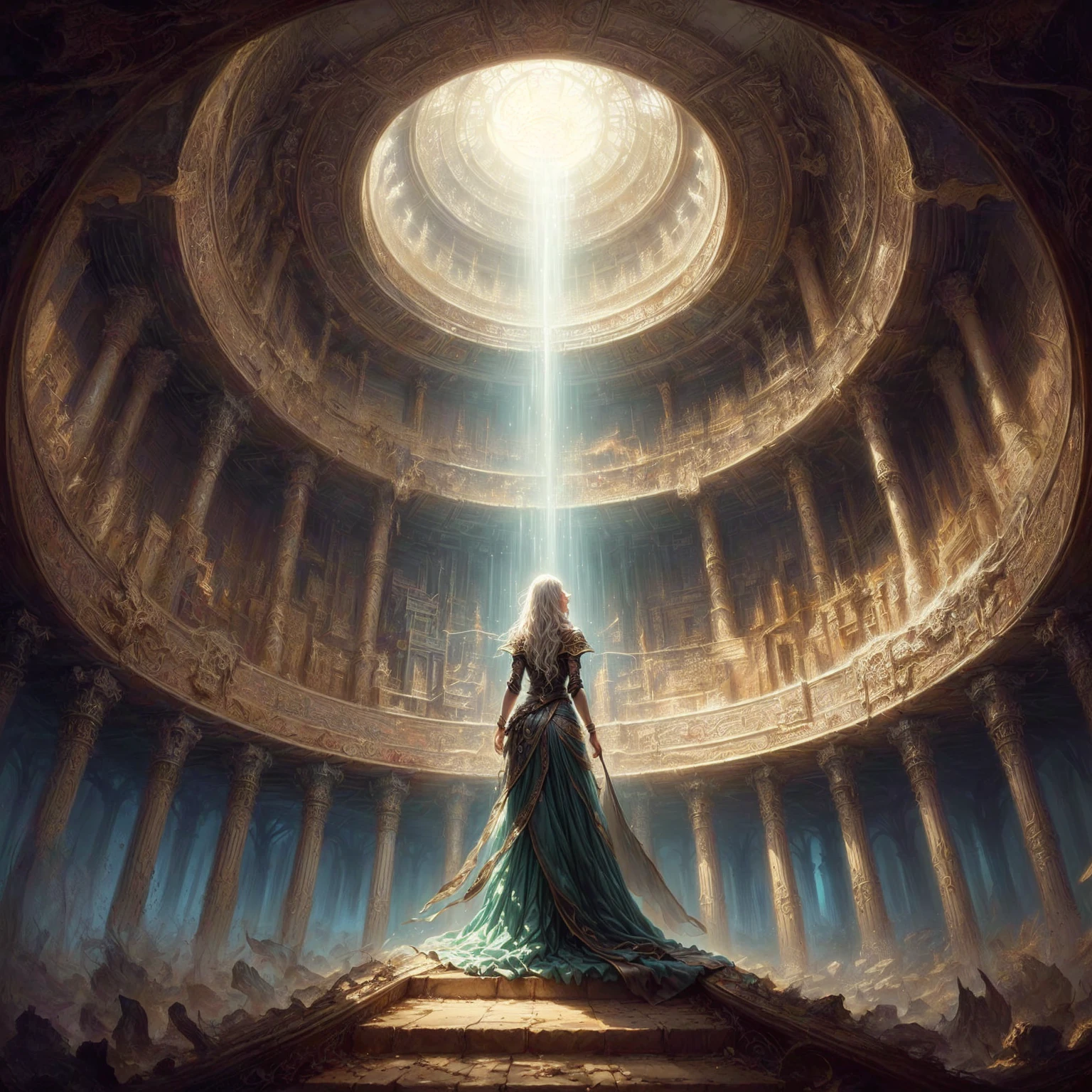 a woman in a long dress standing in a large room with a skylight, symmetrical epic fantasy art, wide angle fantasy art, elegant cinematic fantasy art, breathtaking fantasy art, dramatic concept art, epic fantasy sci fi illustration, dramatic fantasy art, inside her temple, tomasz alen kopera and cgsociety, beautiful fantasy art, epic scifi fantasy art