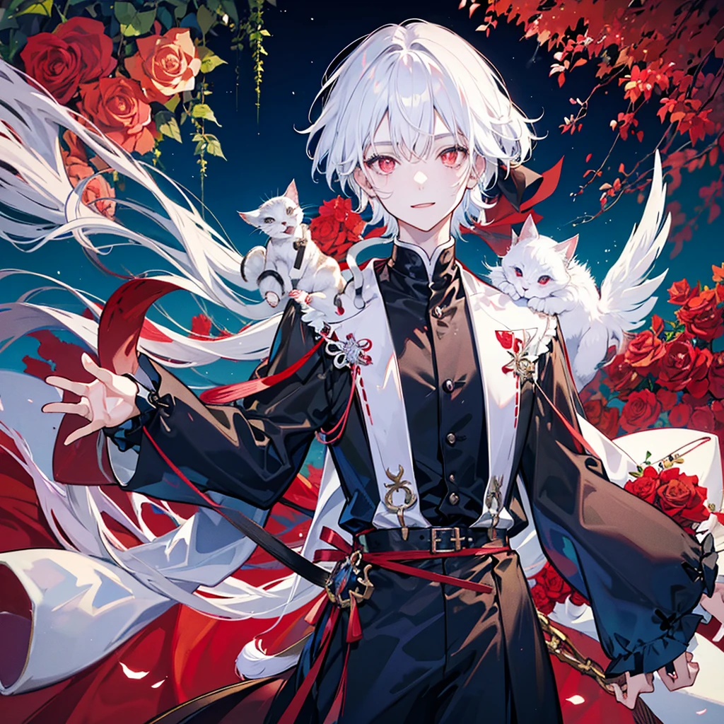 A cat boy, with white hair, red eyes, smile, photo pose