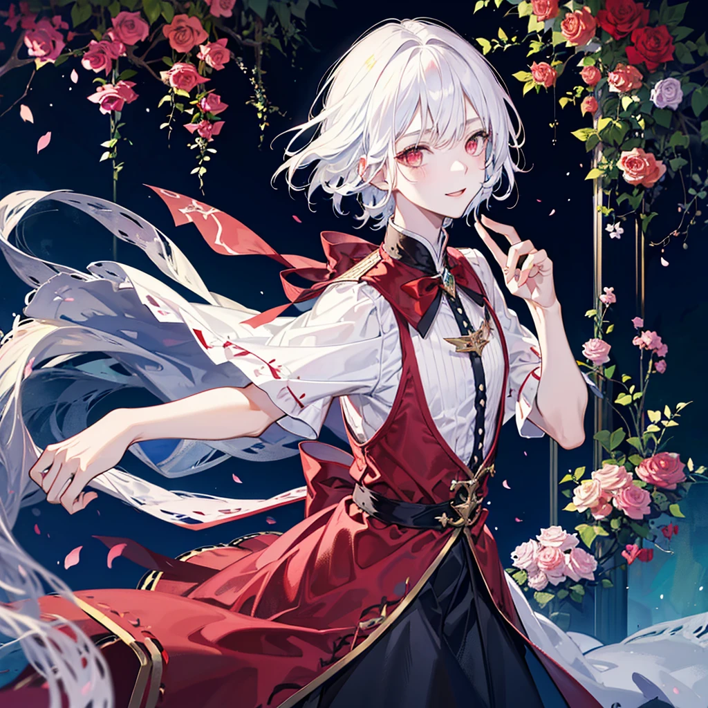 A cat boy, with white hair, red eyes, smile, photo pose