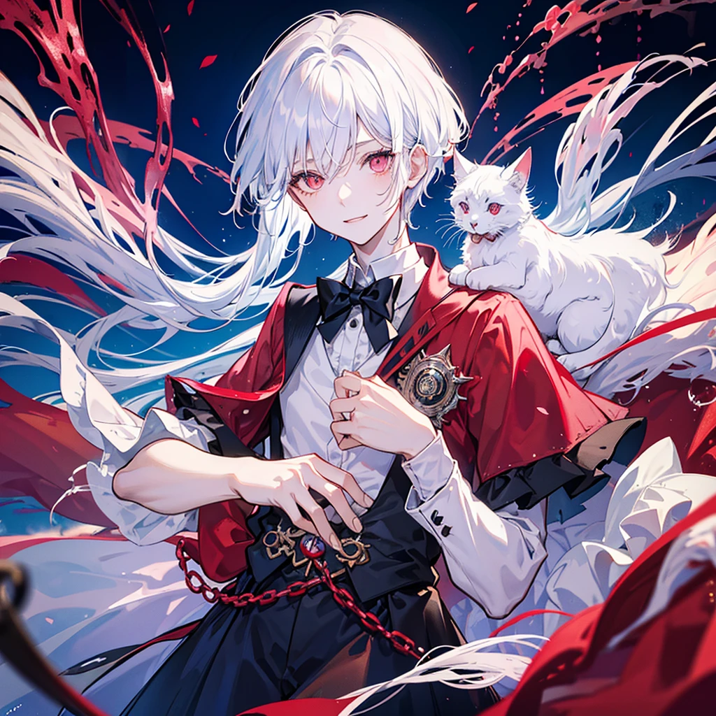 A cat boy, with white hair, red eyes, smile, photo pose