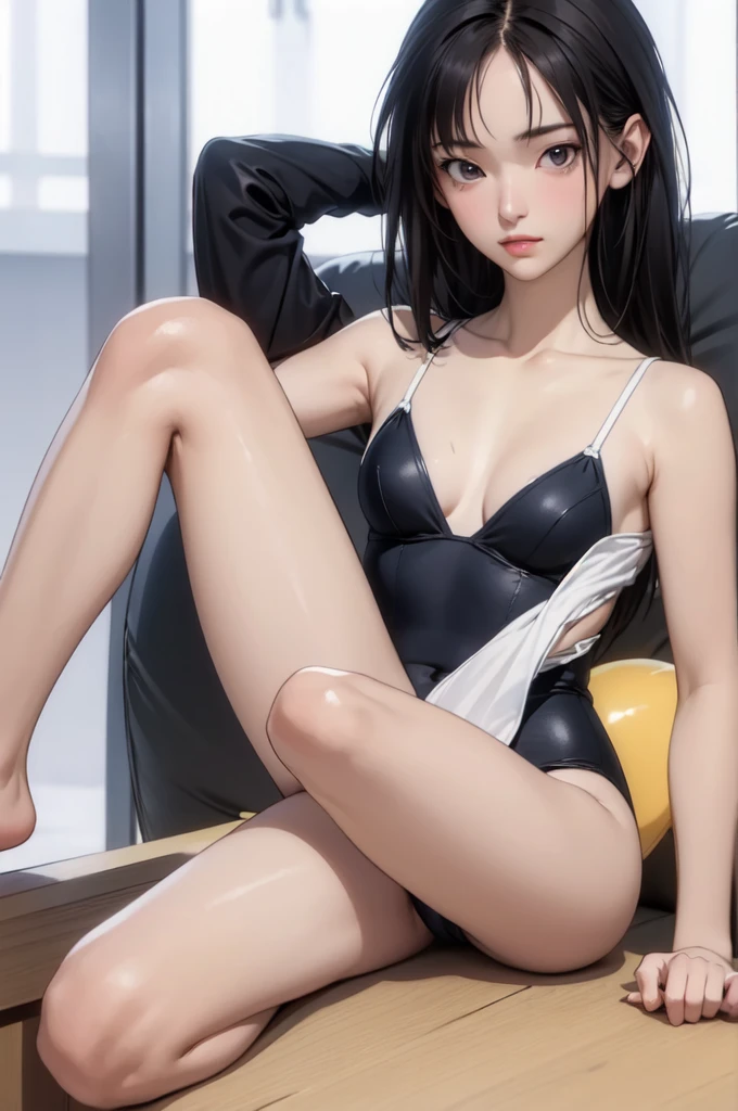 ((masterpiece, best quality)),((highres:1.2)), 1 Girl, solo, Blurred Background, (((Small breasts))), Thighs, (Stripe underwear), (One piece swimsuit), pool, leg Spread, ((boyish:1.2))