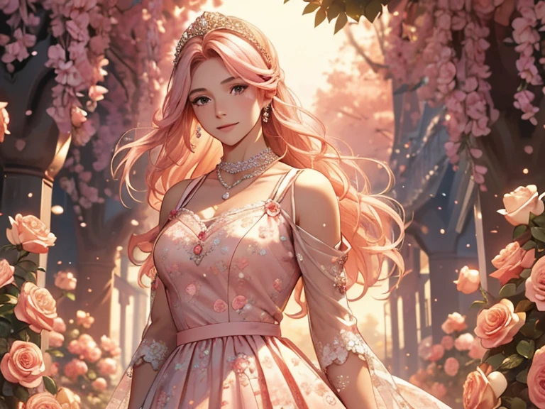 a woman standing in a field with her hair blowing in the wind, wearing a pink dress with a high neckline and with a floral hair tiara and pearl necklace. She has a serious expression on her face and is wearing a lace collar and cuffs. The background is a light pink and there is a hint of a floral pattern on the dress. The sun is setting in the background, casting a warm rose glow over the scene. The overall effect is elegant and romantic.