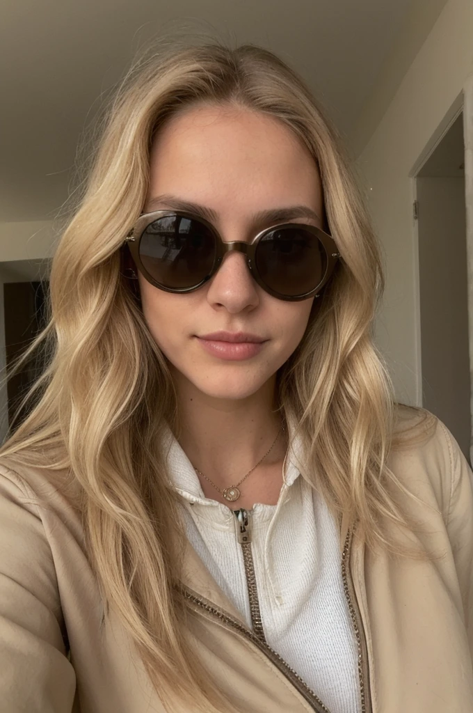 Photo en mode selfie, beautiful blonde ,very detailed, 23 ans, portant des lunettes de soleil, portant un blouson en cuir, natural beauty, visage innocent, Longhaire, high resolution, head of&#39;artwork, best quality, intricate details, very detailed, sharpness, detailed skin, texture de peau realistic, texture, detailed eyes, Professionnel, 4K, charming smile, shot with Canon, 85mm, shallow depth of field, Kodak Vision Color, corps parfaitement ajusté , extremely detailed, la photographie_(ultra), photorealistic, realistic, Post-traitement, Maximum details, roughness, real life, ultra realistic, photorealism, la photographie, 8K  UHD, la photographie, tetas grandes