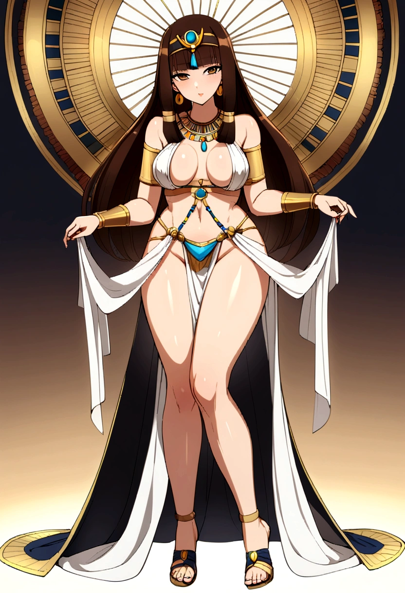 ((Full body):2) {((yamato))}, ((Wearing black Egyptian attire, headbands on her body and face):1.4), ((doing erotic pose on a sarcophagus, looking at viewer, smiling):1.2), ((extremely large breasts):1.8),\n ((Ancient Egyptian tomb full of sarcophagi and scarabs stuck in the walls ):1.2), anime, anime-style, 16k, ((best quality, high details):1.4), masterpiece, UHD