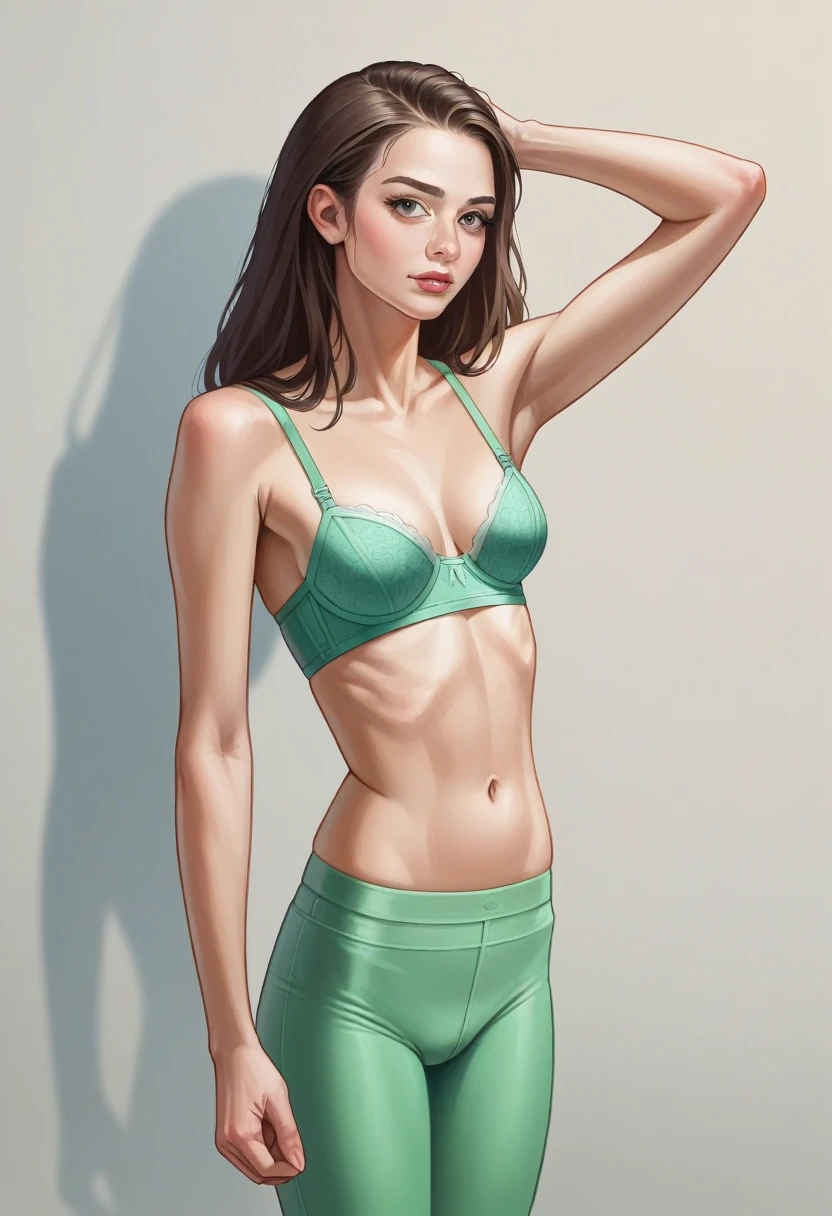 ultra detail, high resolution, (realist, realist:1.4), 8k, (Best Quality), physics based rendering, photorealist photos, Professional color grading, of the highest quality, green bra and tight pink leggings, whole body, naked, Skinny body, 24 year old female model,