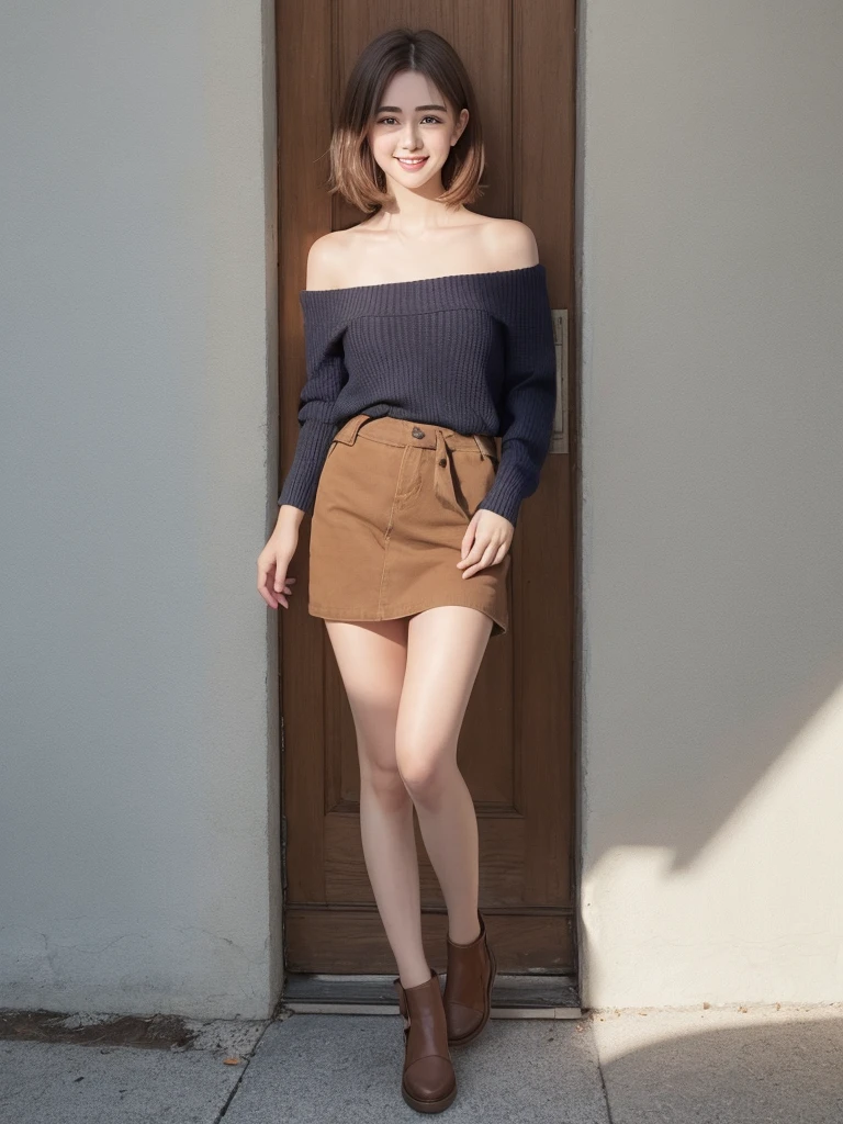 16K、One 18-year-old Japanese woman、Pure white off-the-shoulder knit long sweater、Plain navy denim mini skirt、A very beautiful, cute and symmetrical small face、Super long, shiny, super straight brown hair that reaches down to the waist、(Brown hair that is too bright and noticeable:1.8)、(Long and slender legs)、One girl、