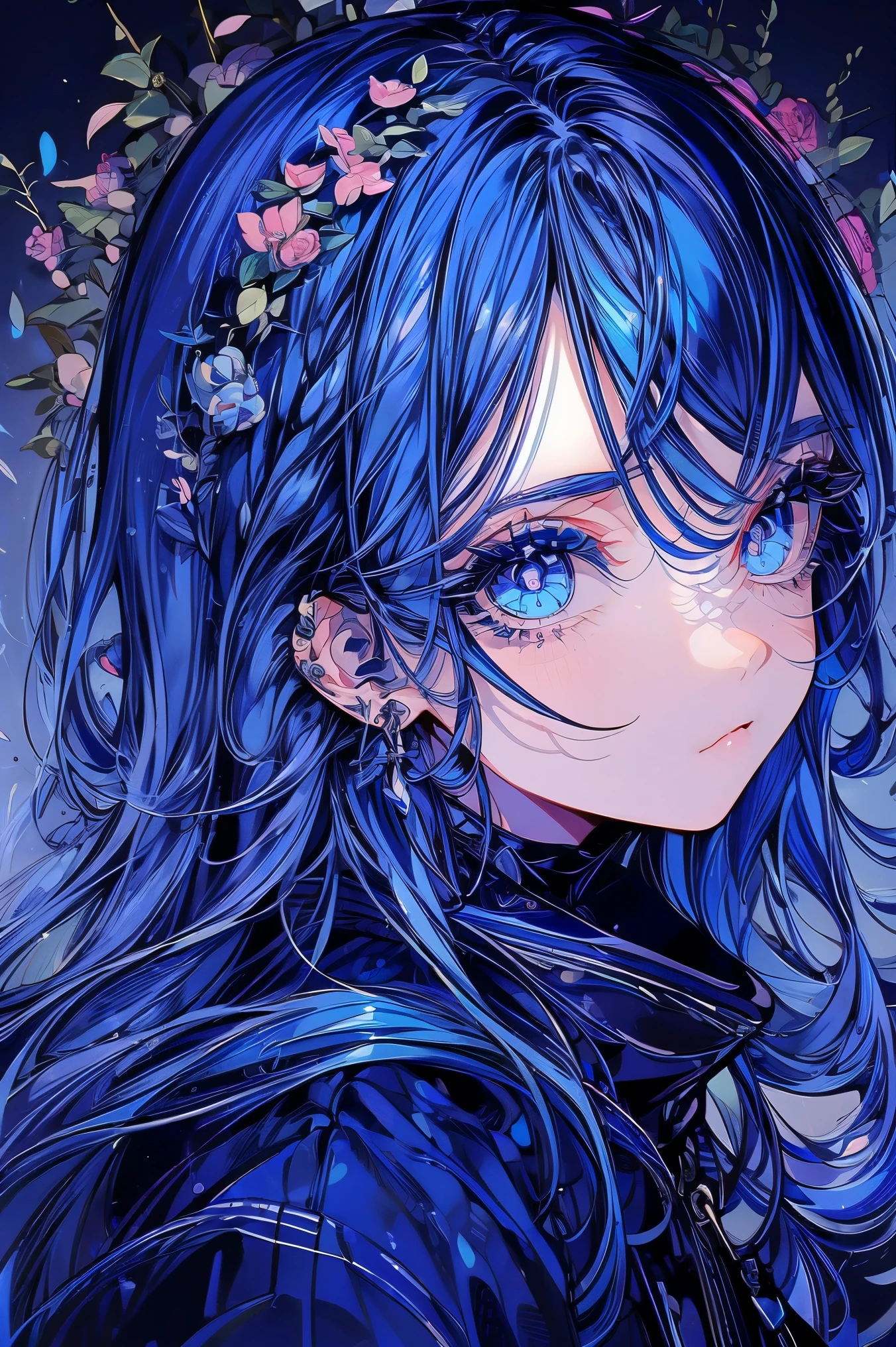 (Mastepiece), (Best Quality), Very detailed, 1 boy, Solo Shooting, Perfect Face, Beautiful Face, Very detailed顔,(Blue Hair:1.3),(Big eyes:1.4),(Long eyelashes:1.4)、(Blue eyes:1.3)、Lots of flowers