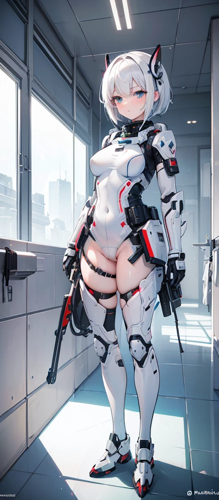 ((best quality)), ((masterpiece)), (detailed), anime, girl short white hair, futuristic tactical war suit, masturbating in the bathroom, showing her pussy
