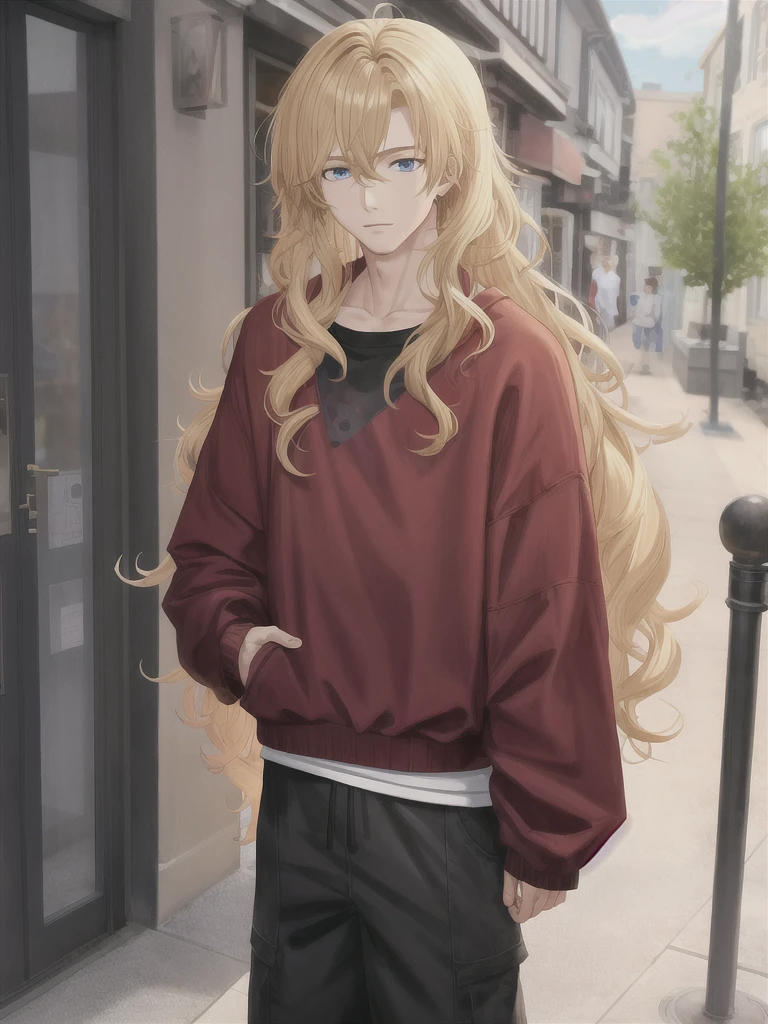 semi-realistic anime, 1 boy, shoulder level, high quality, 8K, Ultra HD, actor, Curly long blonde hair, baggy clothes, street style, cozy home, expensive, gold